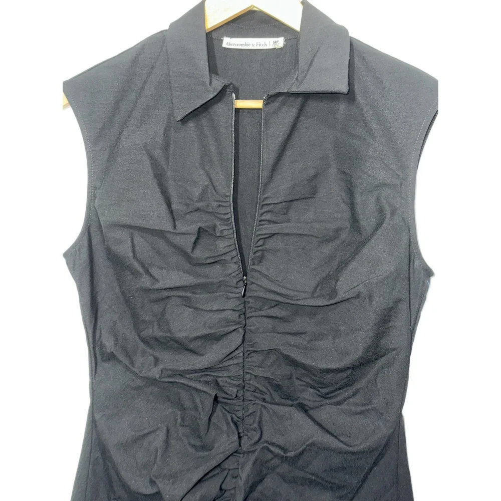 NEW Abercrombie & Fitch Black Cotton Ruched V-Neck Sleeveless Maxi Dress Size M